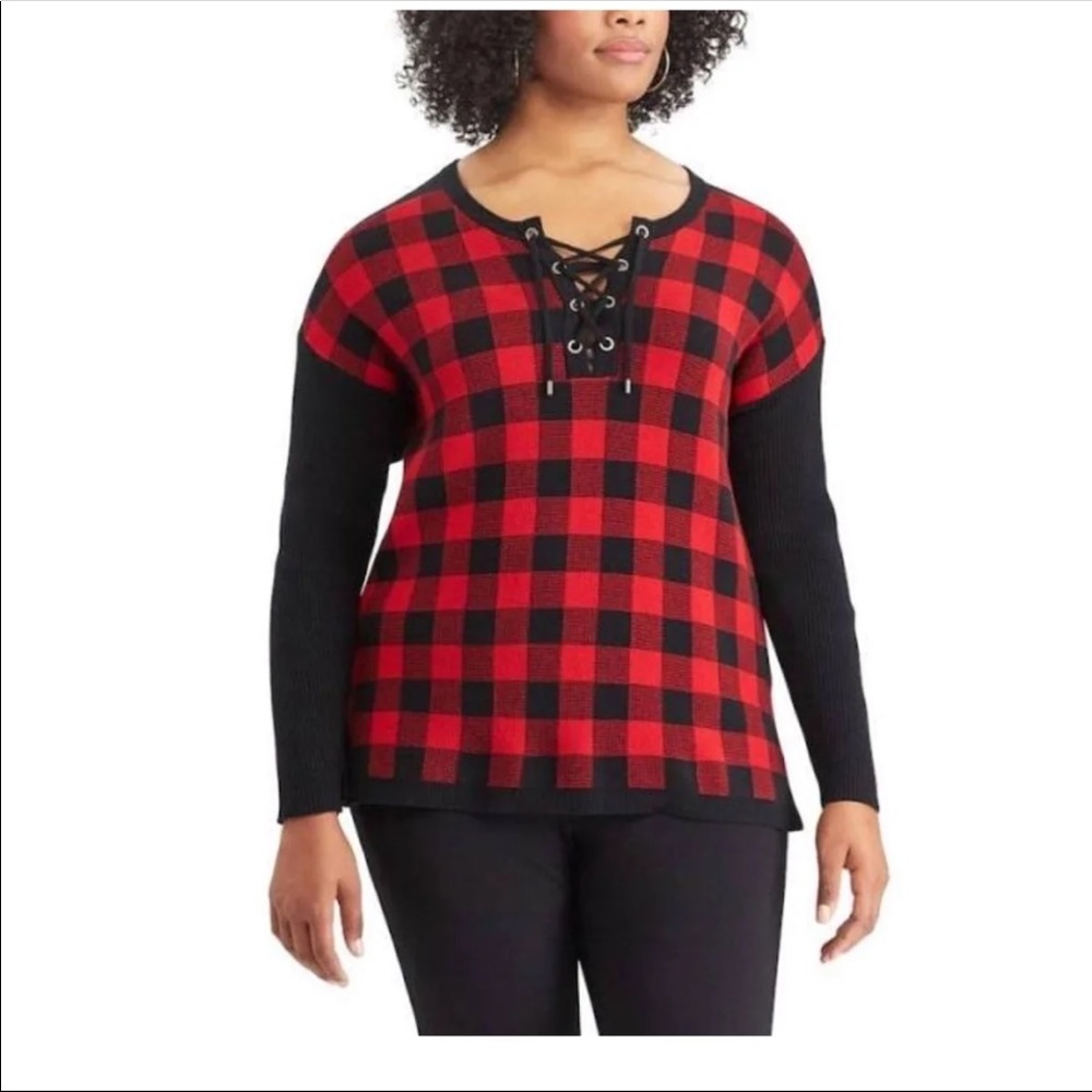 Red & Black Checkered Sweater By Chaps